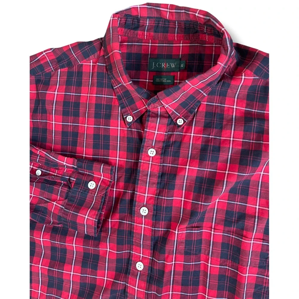 J. Crew Oarsmen Mens XL Red Blue Plaid Cotton Button Down Long Sleeve Shirt